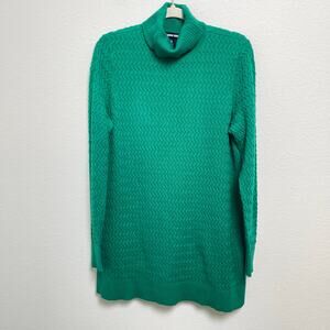 Lands’ End Green Textured Turtleneck Sweater XL 18 100% Cotton Cable Knit Tunic